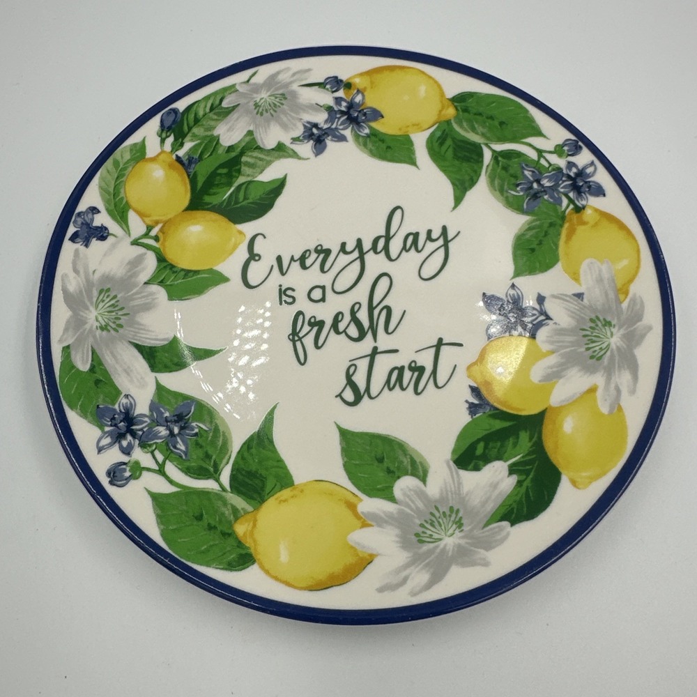 Royal Norfolk Lemon Floral 7.5" Salad Plate "Everyday Is A Fresh Start" Blue Rim